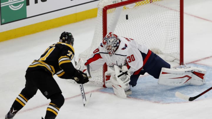 May 19, 2021; Boston, Massachusetts, USA; Boston Bruins left wing Taylor Hall (71) scores on Washington Capitals goaltender Ilya Samsonov (30) during the second period in game three of the first round of the 2021 Stanley Cup Playoffs at TD Garden. Mandatory Credit: Winslow Townson-USA TODAY Sports