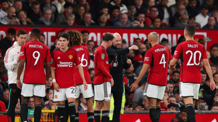 MANCHESTER, ENGLAND - SEPTEMBER 26: Erik ten Hag, Manager of Manchester United, gives the team instructions during a break in play during the Carabao Cup Third Round match between Manchester United and Crystal Palace at Old Trafford on September 26, 2023 in Manchester, England. (Photo by Matt McNulty/Getty Images)