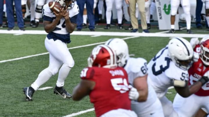 Oct 24, 2020; Bloomington, Indiana, USA; Penn State Nittany Lions running back Keyvone Lee (24) catches a pass during the second half of the game at Memorial Stadium. The Indiana Hoosiers defeated the Penn State Nittany Lions 36 to 35. Mandatory Credit: Marc Lebryk-USA TODAY Sports