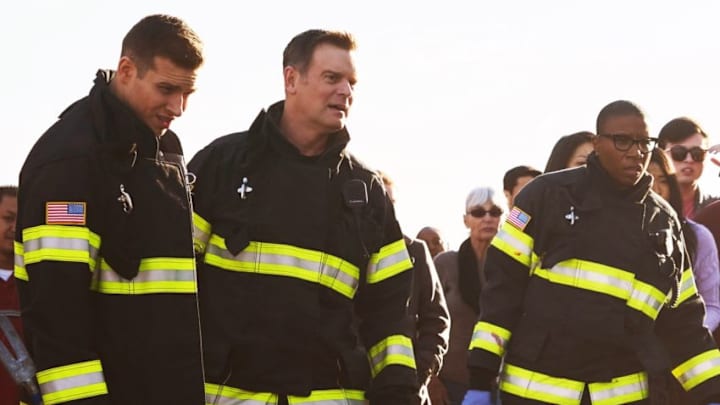 9-1-1: L-R: Oliver Stark, Peter Krause and Aisha Hinds in the New Beginnings episode of 9-1-1 airing Monday, March 18 (9:00-10:00 PM ET/PT) on FOX. (Photo by FOX via Getty Images)