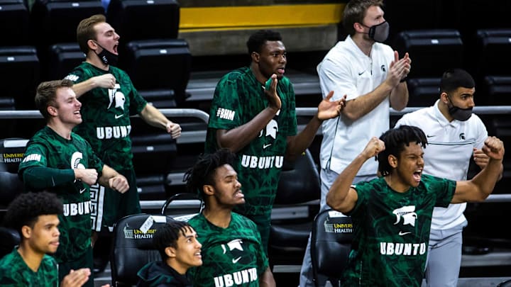 Michigan State Spartans players react on the bench during a NCAA Big Ten Conference men’s basketball game, Tuesday, Feb. 2, 2021, at Carver-Hawkeye Arena in Iowa City, Iowa.210202 Mi St Iowa Mbb 026 Jpg