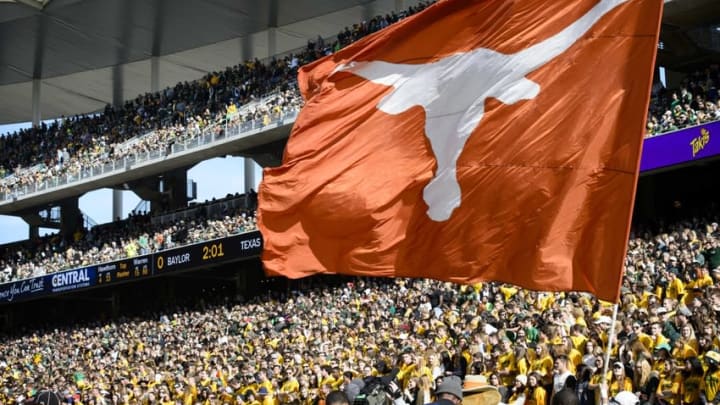 Dec 5, 2015; Waco, TX, USA; The Texas Longhorns flag flies over the stands after Texas scores against the Baylor Bears during the second quarter at McLane Stadium. Mandatory Credit: Jerome Miron-USA TODAY Sports