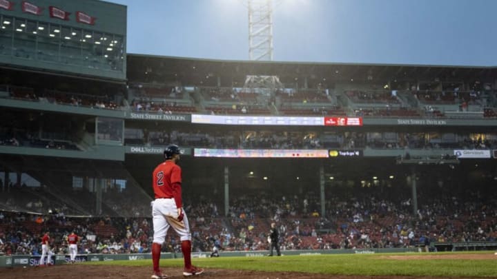 BOSTON, MA - OCTOBER 5: Xander Bogaerts #2 of the Boston Red Sox walks onto the field following a pitching change after hitting a single during the sixth inning of a game against the Tampa Bay Rays on October 5, 2022 at Fenway Park in Boston, Massachusetts. (Photo by Billie Weiss/Boston Red Sox/Getty Images)