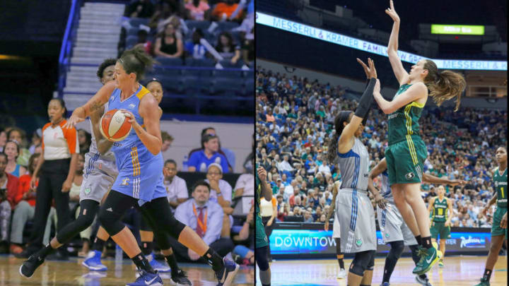 Stefanie Dolson, left, of the Chicago Sky and Breanna Stewart of the Seattle Storm. Photos by Abe Booker, III
