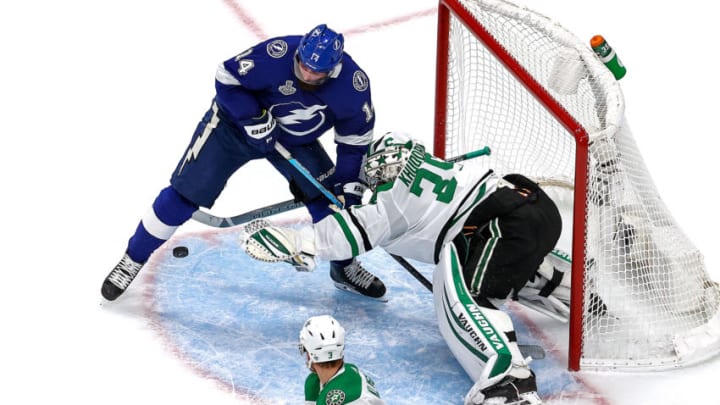 EDMONTON, ALBERTA - SEPTEMBER 21: Anton Khudobin #35 of the Dallas Stars makes the save against Pat Maroon #14 of the Tampa Bay Lightning during the second period in Game Two of the 2020 NHL Stanley Cup Final at Rogers Place on September 21, 2020 in Edmonton, Alberta, Canada. (Photo by Bruce Bennett/Getty Images)
