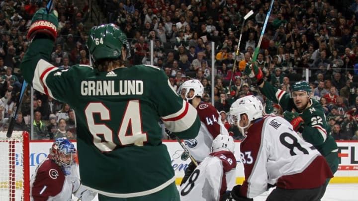 ST. PAUL, MN - OCTOBER 27: Mikael Granlund celebrates his 2nd period goal during a game between the Minnesota Wild and Colorado Avalanche at Xcel Energy Center on October 27, 2018 in St. Paul, Minnesota.(Photo by Bruce Kluckhohn/NHLI via Getty Images)