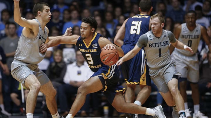 INDIANAPOLIS, IN – NOVEMBER 12: DJ Miles #3 of the Northern Colorado Bears dribbles the ball against Andrew Chrabascz #45 of the Butler Bulldogs at Hinkle Fieldhouse on November 12, 2016 in Indianapolis, Indiana. Butler defeated Northern Colorado 89-52. (Photo by Michael Hickey/Getty Images)