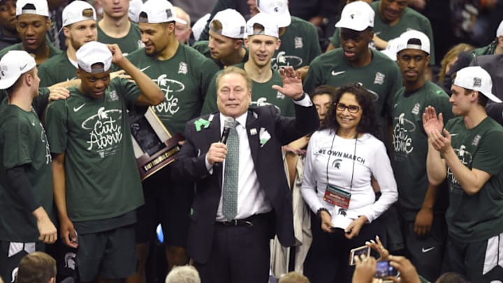 WASHINGTON, DC - MARCH 31: Head coach Tom Izzo of the Michigan State Spartans celebrates winning the the East Regional game of the 2019 NCAA Men's Basketball Tournament against the Duke Blue Devils at Capital One Arena on March 29, 2019 in Washington, DC. (Photo by Mitchell Layton/Getty Images)