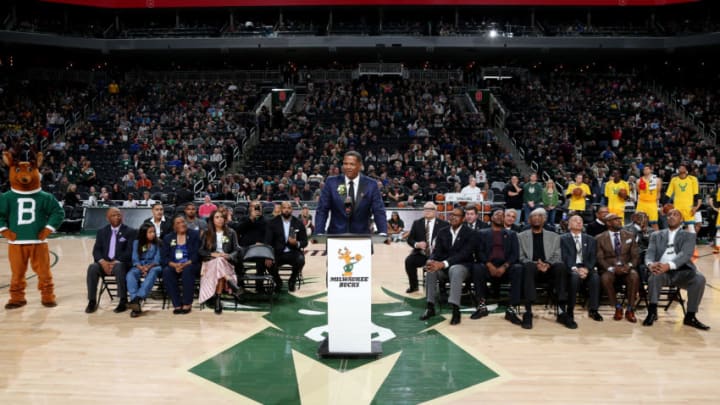 MILWAUKEE, WI - MARCH 24: Marques Johnson speaks during the jersey retirement ceremony during halftime of the game between the Cleveland Cavaliers and Milwaukee Bucks on March 24, 2019 at the Fiserv Forum Center in Milwaukee, Wisconsin. NOTE TO USER: User expressly acknowledges and agrees that, by downloading and or using this Photograph, user is consenting to the terms and conditions of the Getty Images License Agreement. Mandatory Copyright Notice: Copyright 2019 NBAE (Photo by Gary Dineen/NBAE via Getty Images).