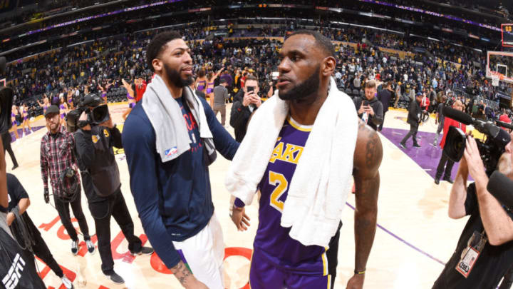 LOS ANGELES, CA - FEBRUARY 27: Anthony Davis #23 of the New Orleans Pelicans greets LeBron James #23 of the Los Angeles Lakers after the game on February 27, 2019 at STAPLES Center in Los Angeles, California. NOTE TO USER: User expressly acknowledges and agrees that, by downloading and/or using this Photograph, user is consenting to the terms and conditions of the Getty Images License Agreement. Mandatory Copyright Notice: Copyright 2019 NBAE (Photo by Andrew D. Bernstein/NBAE via Getty Images)