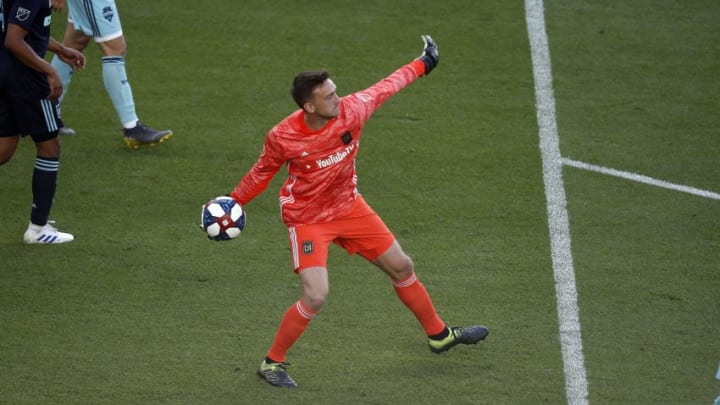 LOS ANGELES, CA - APRIL 21: Los Angeles FC goaltender Tyler Miller (1) makes a save during the game against the Seattle Sounders on April 21, 2019, at Banc of California Stadium in Los Angeles, CA. (Photo by Adam Davis/Icon Sportswire via Getty Images)