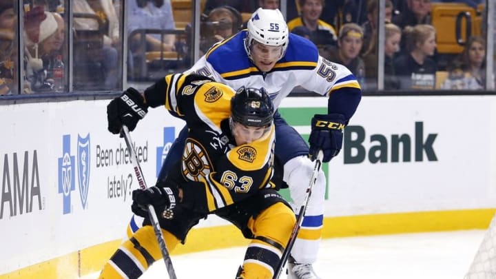 Dec 22, 2015; Boston, MA, USA; St. Louis Blues defenseman Colton Parayko (55) tries to stop Boston Bruins left wing Brad Marchand (63) during the first period at TD Garden. Mandatory Credit: Winslow Townson-USA TODAY Sports