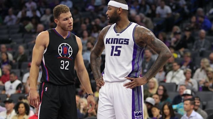 Oct 18, 2016; Sacramento, CA, USA; Los Angeles Clippers forward Blake Griffin (32) and Sacramento Kings center DeMarcus Cousins (15) talk during the second quarter at Golden 1 Center. Mandatory Credit: Sergio Estrada-USA TODAY Sports