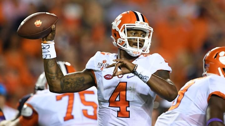 Sep 3, 2016; Auburn, AL, USA; Clemson Tigers quarterback Deshaun Watson (4) passes against the Auburn Tigers during the first quarter at Jordan Hare Stadium. Mandatory Credit: John David Mercer-USA TODAY Sports