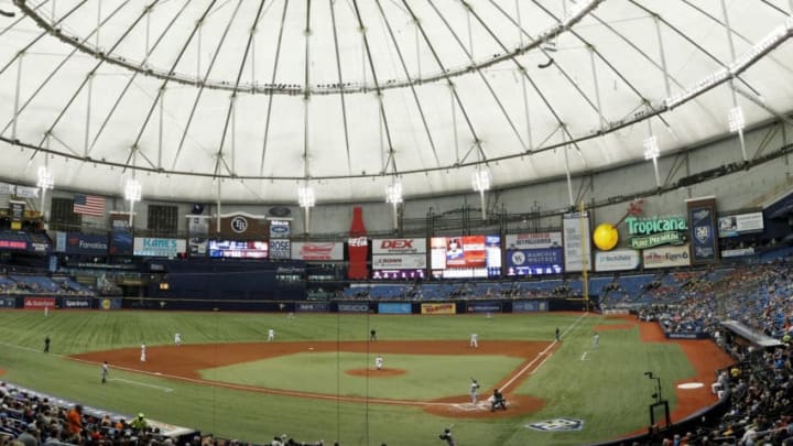 ST PETERSBURG, FL - JULY 11: (EDITORS NOTE: Image is a digital [panoramic] composite.) General view of the ball park from the upper level as the Tampa Bay Rays play during a game against the Detroit Tigers at Tropicana Field on July 11, 2018 in St Petersburg, Florida. The Rays won 4-2. (Photo by Joe Robbins/Getty Images)