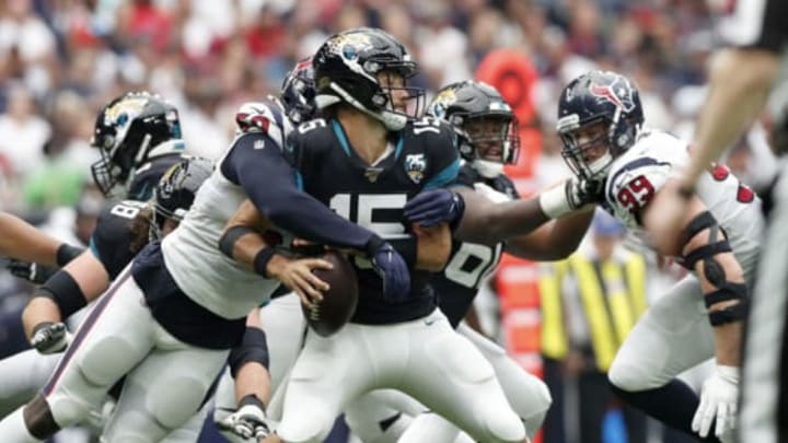 HOUSTON, TX – SEPTEMBER 15: Whitney Mercilus #59 of the Houston Texans sacks Gardner Minshew #15 of the Jacksonville Jaguars in the second half at NRG Stadium on September 15, 2019 in Houston, Texas. (Photo by Tim Warner/Getty Images)