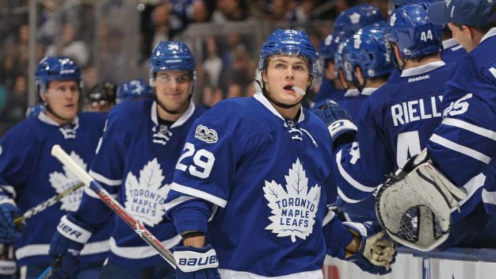 TORONTO,ON - FEBRUARY 21: William Nylander #29 of the Toronto Maple Leafs celebrates a goal against the Winnipeg Jets during an NHL game at Air Canada Centre on February 21, 2017 in London, Ontario, Canada. The Maple Leafs defeated the Jets 5-4 in overtime. (Photo by Claus Andersen/Getty Images)
