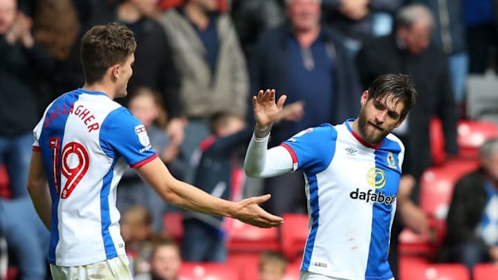 BLACKBURN, ENGLAND - APRIL 29: Danny Graham (R) of Blackburn Rovers celebrates scoring the opening goal with Sam Gallagher during the Sky Bet Championship match between Blackburn Rovers and Aston Villa at Ewood Park on April 29, 2017 in Blackburn, England. (Photo by Alex Livesey/Getty Images)