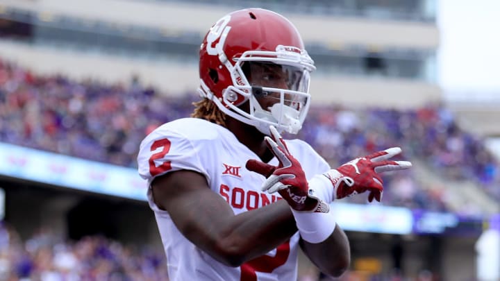 FORT WORTH, TX – OCTOBER 20: CeeDee Lamb #2 of the Oklahoma Sooners celebrates after scoring a touchdown against the TCU Horned Frogs in the first half at Amon G. Carter Stadium on October 20, 2018, in Fort Worth, Texas. (Photo by Tom Pennington/Getty Images)