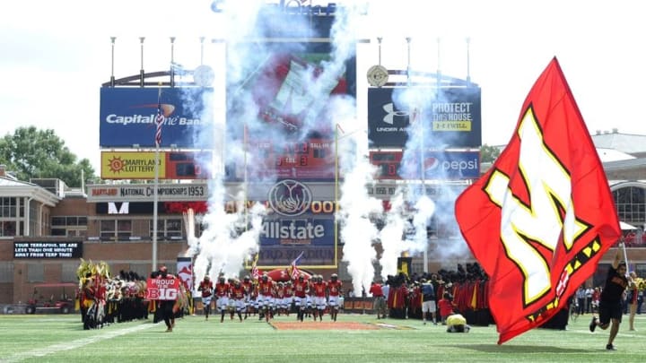Sep 5, 2015; College Park, MD, USA; The Maryland Terrapins run onto the field prior to a game against the Richmond Spiders at Byrd Stadium. Maryland won 50-21. Mandatory Credit: Derik Hamilton-USA TODAY Sports