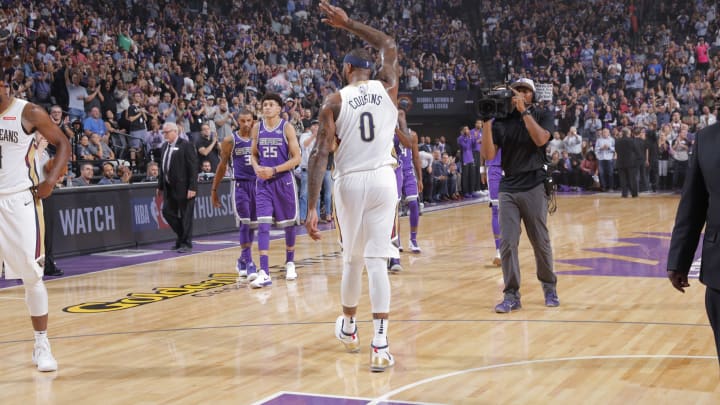 SACRAMENTO, CA – OCTOBER 26: DeMarcus Cousins #0 of the New Orleans Pelicans waves to fans during the game against the Sacramento Kings on October 26, 2017 at Golden 1 Center in Sacramento, California. NOTE TO USER: User expressly acknowledges and agrees that, by downloading and or using this photograph, User is consenting to the terms and conditions of the Getty Images Agreement. Mandatory Copyright Notice: Copyright 2017 NBAE (Photo by Rocky Widner/NBAE via Getty Images)