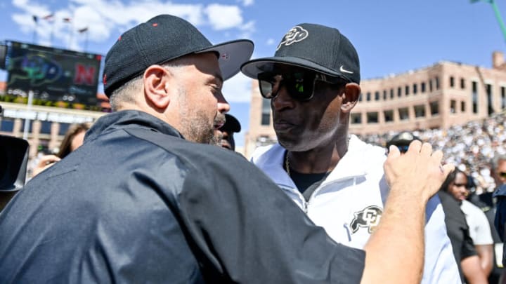 BOULDER, CO - SEPTEMBER 9: Head coach Matt Rhule of the Nebraska Cornhuskers and head coach Deion Sanders of the Colorado Buffaloes have a word after a Colorado Buffaloes win at Folsom Field on September 9, 2023 in Boulder, Colorado. (Photo by Dustin Bradford/Getty Images)