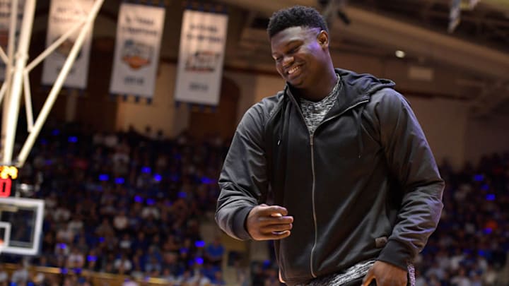 DURHAM, NC - OCTOBER 20: High school basketball player Zion Williamson (Spartanburg Day School - Spartanburg, SC) attends Duke Countdown To Craziness at Cameron Indoor Stadium on October 20, 2017 in Durham, North Carolina. (Photo by Lance King/Getty Images)