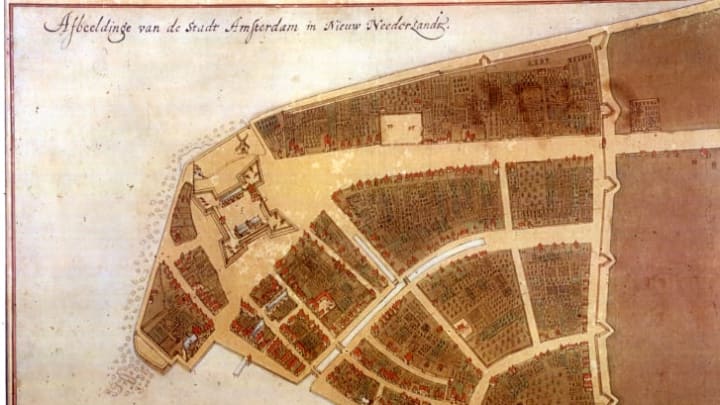 New Amsterdam in 1660, when Wall Street formed the northern border of the city. The Minetta Brook ran north of the city limits at that time.