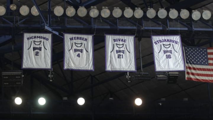 SACRAMENTO, CA - DECEMBER 18: The retired jersey of Peja Stojakovi hangs in the rafters alongside Mitch Richmond, Chris Webber, and Vlade Divac during the game between the Milwaukee Bucks and Sacramento Kings on December 18, 2014 at Sleep Train Arena in Sacramento, California. NOTE TO USER: User expressly acknowledges and agrees that, by downloading and or using this photograph, User is consenting to the terms and conditions of the Getty Images Agreement. Mandatory Copyright Notice: Copyright 2014 NBAE (Photo by Rocky Widner/NBAE via Getty Images)
