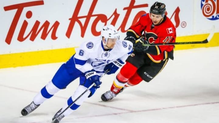 Jan 5, 2016; Calgary, Alberta, CAN; Tampa Bay Lightning defenseman Anton Stralman (6) and Calgary Flames center Mikael Backlund (11) battle for the puck during the third period at Scotiabank Saddledome. Calgary Flames won 3-1. Mandatory Credit: Sergei Belski-USA TODAY Sports Jan 5, 2016; Calgary, Alberta, CAN; Tampa Bay Lightning defenseman Anton Stralman (6) and Calgary Flames center Mikael Backlund (11) battle for the puck during the third period at Scotiabank Saddledome. Calgary Flames won 3-1. Mandatory Credit: Sergei Belski-USA TODAY Sports