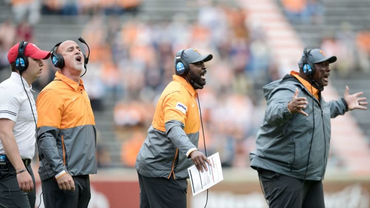 Tennessee coaches call at the Orange & White spring game at Neyland Stadium in Knoxville, Tenn. on Saturday, April 24, 2021.Kns Vols Spring Game