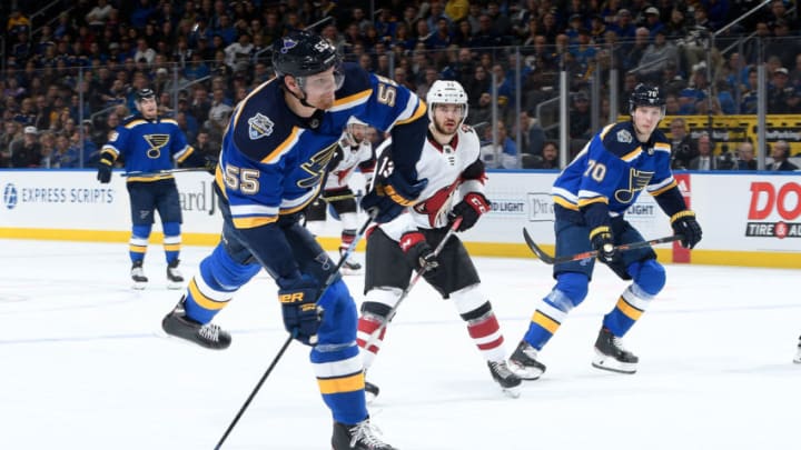 ST. LOUIS, MO - NOVEMBER 12: Colton Parayko #55 of the St. Louis Blues shoots and scores a goal against the Arizona Coyotes at Enterprise Center on November 12, 2019 in St. Louis, Missouri. (Photo by Scott Rovak/NHLI via Getty Images)