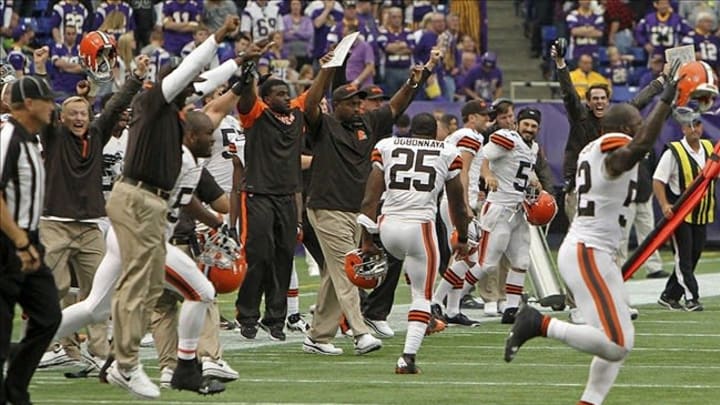Sep 22, 2013; Minneapolis, MN, USA; The Cleveland Browns celebrate following the game against the Minnesota Vikings at Mall of America Field at H.H.H. Metrodome. The Browns defeated the Vikings 31-27. Mandatory Credit: Brace Hemmelgarn-USA TODAY Sports