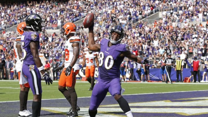 BALTIMORE, MARYLAND - SEPTEMBER 29: Wide Receiver Miles Boykin #80 of the Baltimore Ravens celebrates after scoring a touchdown in the first half against the Cleveland Browns at M&T Bank Stadium on September 29, 2019 in Baltimore, Maryland. (Photo by Todd Olszewski/Getty Images)