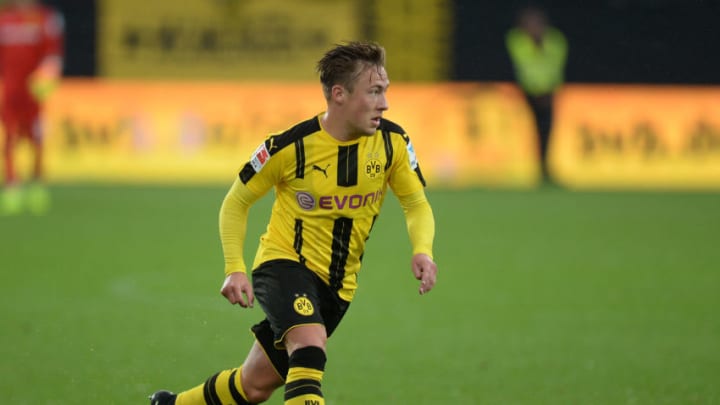 ALTACH, AUSTRIA - AUGUST 05: Felix Passlack of Dortmund handles the ball during the friendly match between AFC Sunderland v Borussia Dortmund at Cashpoint Arena on August 5, 2016 in Altach, Austria. (Photo by Deniz Calagan/Getty Images)