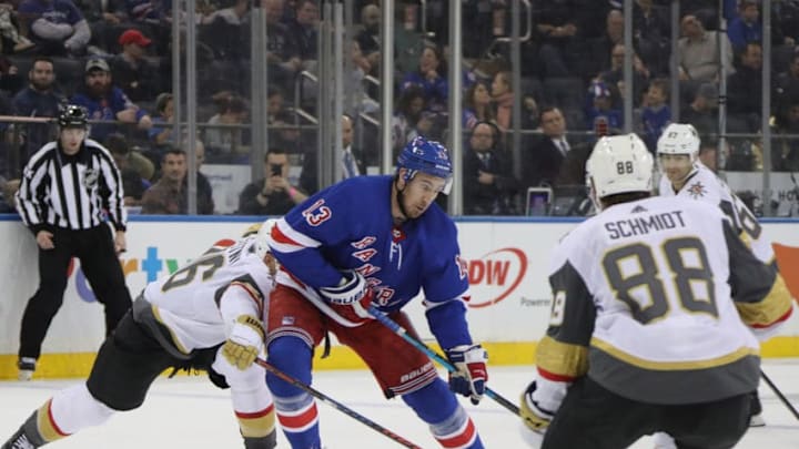 NEW YORK, NEW YORK - DECEMBER 16: Kevin Hayes #13 of the New York Rangers skates against the Vegas Golden Knights at Madison Square Garden on December 16, 2018 in New York City. The Golden Knights defeated the Rangers 4-3 in overtime. (Photo by Bruce Bennett/Getty Images)