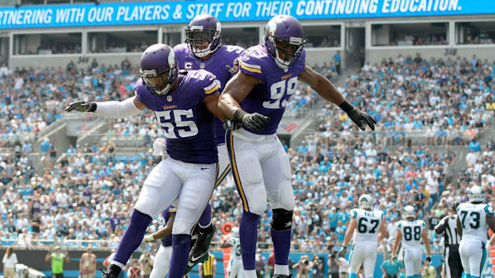 CHARLOTTE, NC - SEPTEMBER 25: Danielle Hunter #99 of the Minnesota Vikings celebrates with teammates after sacking Cam Newton #1 of the Carolina Panthers for a safety during the game at Bank of America Stadium on September 25, 2016 in Charlotte, North Carolina. (Photo by Grant Halverson/Getty Images)