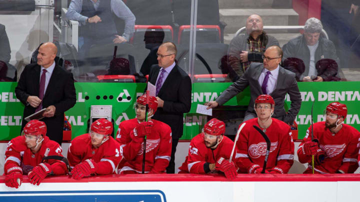 DETROIT, MI - DECEMBER 04: From L to R Assistant coach Pat Ferschweiler, Assistant coach Dan Bylsma and Head coach Jeff Blashill of the Detroit Red Wings watches the action from the bench during an NHL game against the Tampa Bay Lightning at Little Caesars Arena on December 4, 2018 in Detroit, Michigan. The Lightning defeated the Red Wings 6-5 in a shootout. (Photo by Dave Reginek/NHLI via Getty Images)
