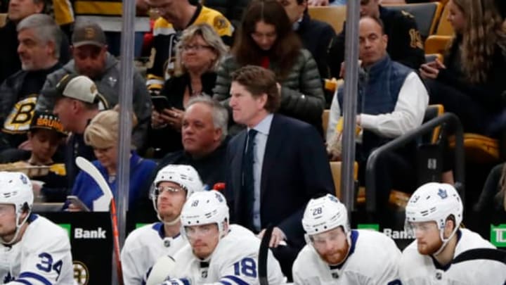 BOSTON, MA – APRIL 23: Toronto Maple Leafs head coach Mike Babcock grimaces on the bench during Game 7 of the 2019 First Round Stanley Cup Playoffs between the Boston Bruins and the Toronto Maple Leafs on April 23, 2019, at TD Garden in Boston, Massachusetts. (Photo by Fred Kfoury III/Icon Sportswire via Getty Images)