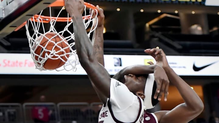 LAS VEGAS, NEVADA - NOVEMBER 19: Zylan Cheatham #45 of the Arizona State Sun Devils is fouled as he shoots against Aric Holman #35 of the Mississippi State Bulldogs during the first half of a semifinal game of the MGM Resorts Main Event basketball tournament at T-Mobile Arena on November 19, 2018 in Las Vegas, Nevada. (Photo by David Becker/Getty Images)