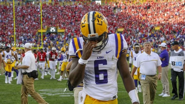 Sep 3, 2016; Green Bay, WI, USA; LSU Tigers quarterback Brandon Harris (6) walks off the field after the Wisconsin Badgers defeated LSU 16-14 at Lambeau Field. Mandatory Credit: Benny Sieu-USA TODAY Sports