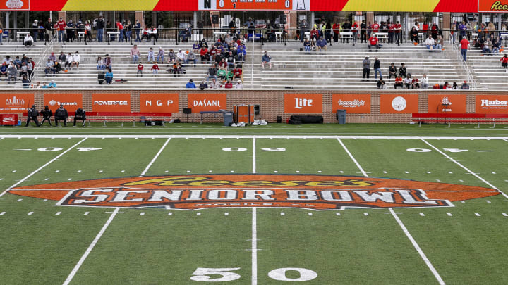 MOBILE, AL – JANUARY 30: A general view of the Reese’s Senior Bowl Logo at mid-field in Hancock Whitney Stadium during the 2021 Resse’s Senior Bowl on the campus of the University of South Alabama on January 30, 2021 in Mobile, Alabama. The National Team defeated the American Team 27-24. (Photo by Don Juan Moore/Getty Images)