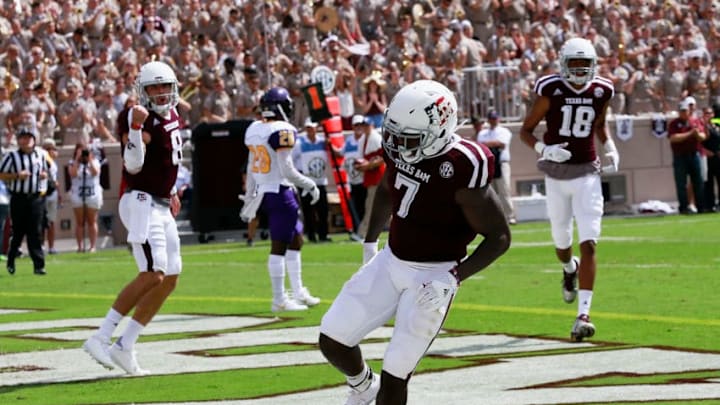 COLLEGE STATION, TX - SEPTEMBER 10: Keith Ford #7 of the Texas A&M Aggies scores on an 11 yard run against the Prairie View A&M Panthers in the first quarter at Kyle Field on September 10, 2016 in College Station, Texas. (Photo by Bob Levey/Getty Images)