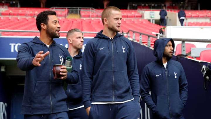 LONDON, ENGLAND - SEPTEMBER 15: Mousa Dembele of Tottenham Hotspur speaks to Eric Dier of Tottenham Hotspur prior to the Premier League match between Tottenham Hotspur and Liverpool FC at Wembley Stadium on September 15, 2018 in London, United Kingdom. (Photo by Tottenham Hotspur FC/Tottenham Hotspur FC via Getty Images)