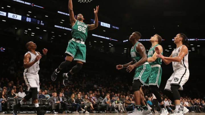 NEW YORK, NY - OCTOBER 13: Jordan Mickey #55 of the Boston Celtics puts up a layup in the second half of preseason game against the Brooklyn Nets at Barclays Center on October 13, 2016 in New York City. NOTE TO USER: User expressly acknowledges and agrees that, by downloading and or using this photograph, User is consenting to the terms and conditions of the Getty Images License Agreement. (Photo by Michael Reaves/Getty Images)