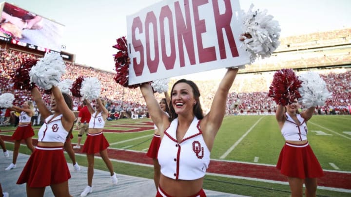 NORMAN, OK - SEPTEMBER 07: Members of the Oklahoma Sooners spirit squad perform before the game against the South Dakota Coyotes at Gaylord Family Oklahoma Memorial Stadium on September 7, 2019 in Norman, Oklahoma. The Oklahoma Sooners defeated the South Dakota Coyotes 70-14. (Photo by Brett Deering/Getty Images)