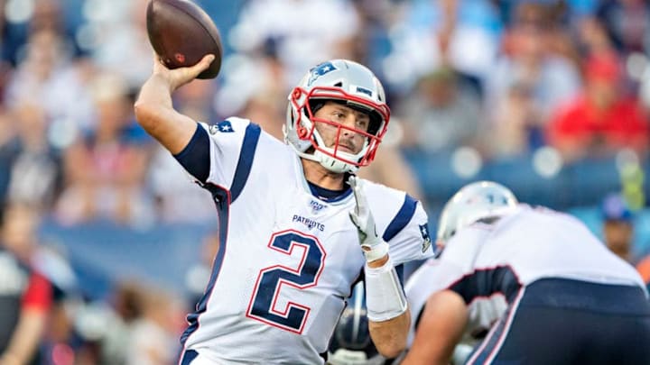 NASHVILLE, TN - AUGUST 17: Brian Hoyer #2 of the New England Patriots throws a pass during a week two preseason game against the Tennessee Titans at Nissan Stadium on August 17, 2019 in Nashville, Tennessee. (Photo by Wesley Hitt/Getty Images)