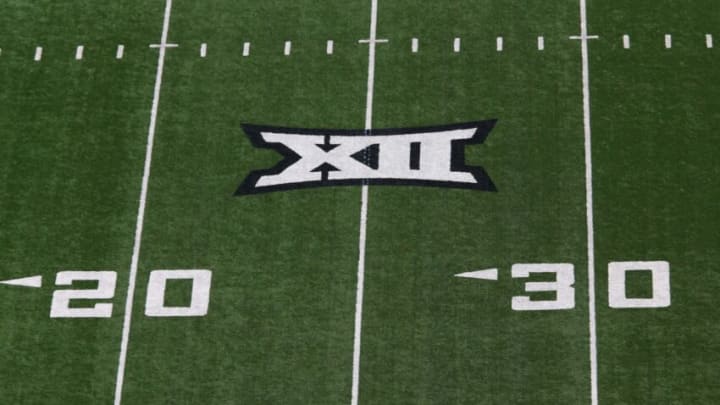 Oct 22, 2022; Lubbock, Texas, USA; A general view of the Big 12 Logo on the field before the game between the West Virginia Mountaineers and the Texas Tech Red Raiders at Jones AT&T Stadium and Cody Campbell Field. Mandatory Credit: Michael C. Johnson-USA TODAY Sports