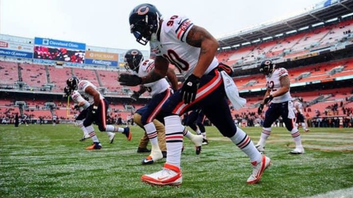 Dec 15, 2013; Cleveland, OH, USA; Chicago Bears defensive end Julius Peppers (90) warms up prior to the game against the Cleveland Browns at FirstEnergy Stadium. Mandatory Credit: Andrew Weber-USA TODAY Sports