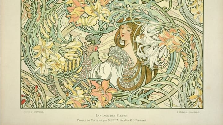 A color lithograph of Langage des Fleurs (Language of Flowers) by Alphonse Mucha, 1900.